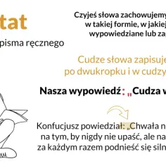 Dziewczyna z ołówkiem w dłoni zastanawia się nad cytatem. Pokazano, jak zapisywać cudze słowa, by zachować ich sens.