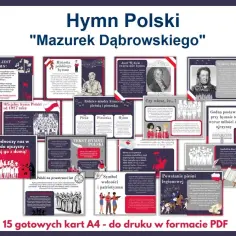 Hymn Polski "Mazurek Dąbrowskiego" - karty A4 do druku. Poznaj historię, tekst i symbolikę hymnu narodowego.