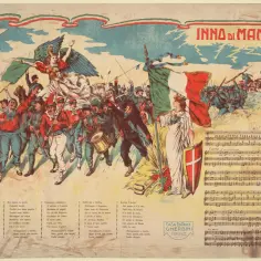 Ilustracja przedstawia scenę z hymnu Włoch, "Inno di Mameli". Widać żołnierzy, symboliczne postacie i nuty.