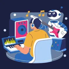 Chłopak w słuchawkach tworzy muzykę z robotem grającym na gitarze. Wena twórcza kwitnie w tym studiu nagraniowym.