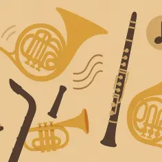 Instrumenty dęte blaszane: waltornia, trąbka, klarnet i flet tworzą muzyczną kompozycję.