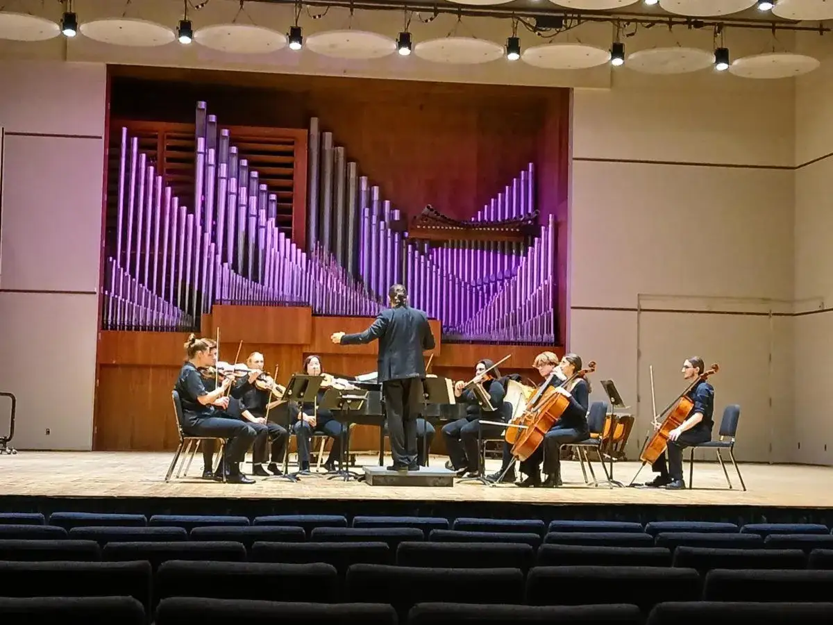 Orkiestra gra na instrumentach smyczkowych przed imponującymi organami. Dyrygent kieruje wykonaniem.