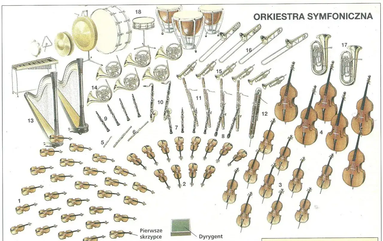 Instrumenty dęte, smyczkowe i perkusyjne tworzą orkiestrę symfoniczną. Widać tu m.in. trąbki, puzony, tuby, fagoty, klarnety, oboje, flety, skrzypce, altówki, wiolonczele, kontrabasy, harfę i kotły.