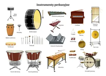 Różnorodne instrumenty perkusyjne: bębny, ksylofon, czelesta, dzwony rurowe, tam-tam, gong, wibrafon, komplet jazzowy i inne.