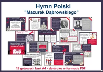 Hymn Polski "Mazurek Dąbrowskiego" - karty A4 do druku. Poznaj historię, tekst i symbolikę hymnu narodowego.