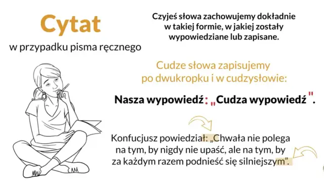Dziewczyna z ołówkiem w dłoni zastanawia się nad cytatem. Pokazano, jak zapisywać cudze słowa, by zachować ich sens.