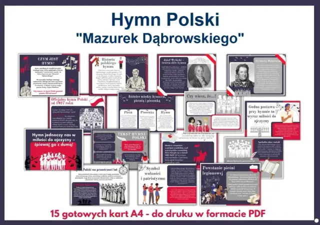 Hymn Polski "Mazurek Dąbrowskiego" - karty A4 do druku. Poznaj historię, tekst i symbolikę hymnu narodowego.