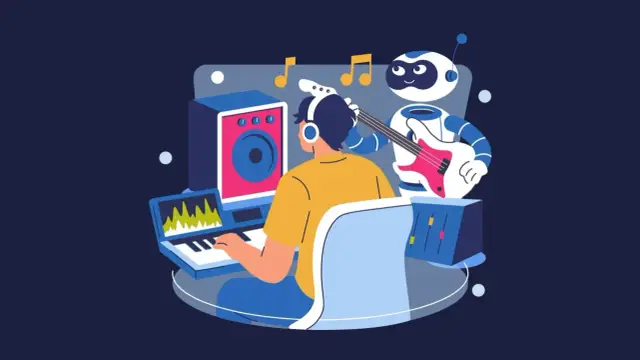 Chłopak w słuchawkach tworzy muzykę z robotem grającym na gitarze. Wena twórcza kwitnie w tym studiu nagraniowym.
