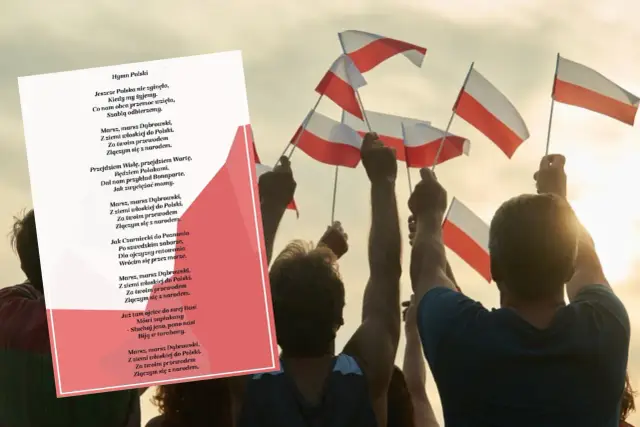 Fragment hymnu polskiego "Mazurek Dąbrowskiego" na tle ludzi unoszących polskie flagi.