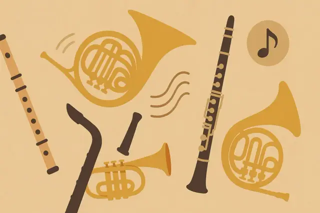 Instrumenty dęte blaszane: waltornia, trąbka, klarnet i flet tworzą muzyczną kompozycję.