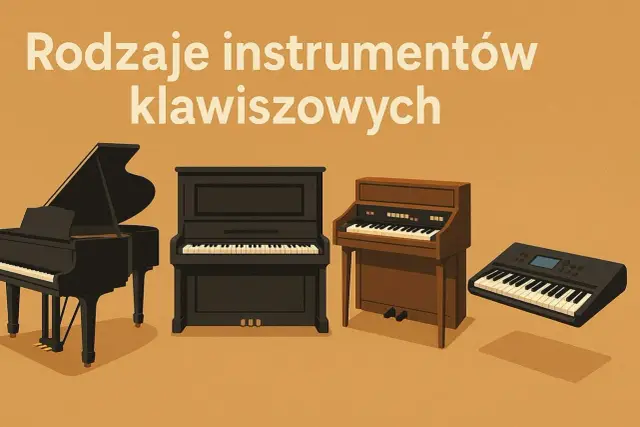 Różne instrumenty klawiszowe: fortepian, pianino, organy i keyboard.