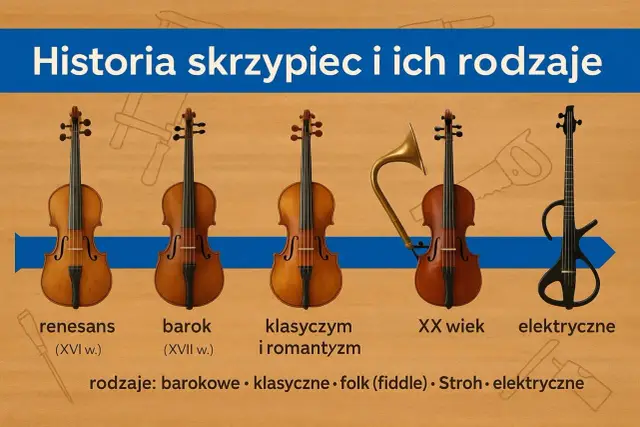 Ewolucja instrumentów smyczkowych: od renesansu po elektryczne. Widoczne skrzypce barokowe, klasyczne, folkowe i nowoczesne.